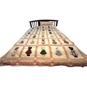 SUNBONNET SUE Quilt Hand Applique & Embroidered Bedspread 79" X 90" King Pink Bo